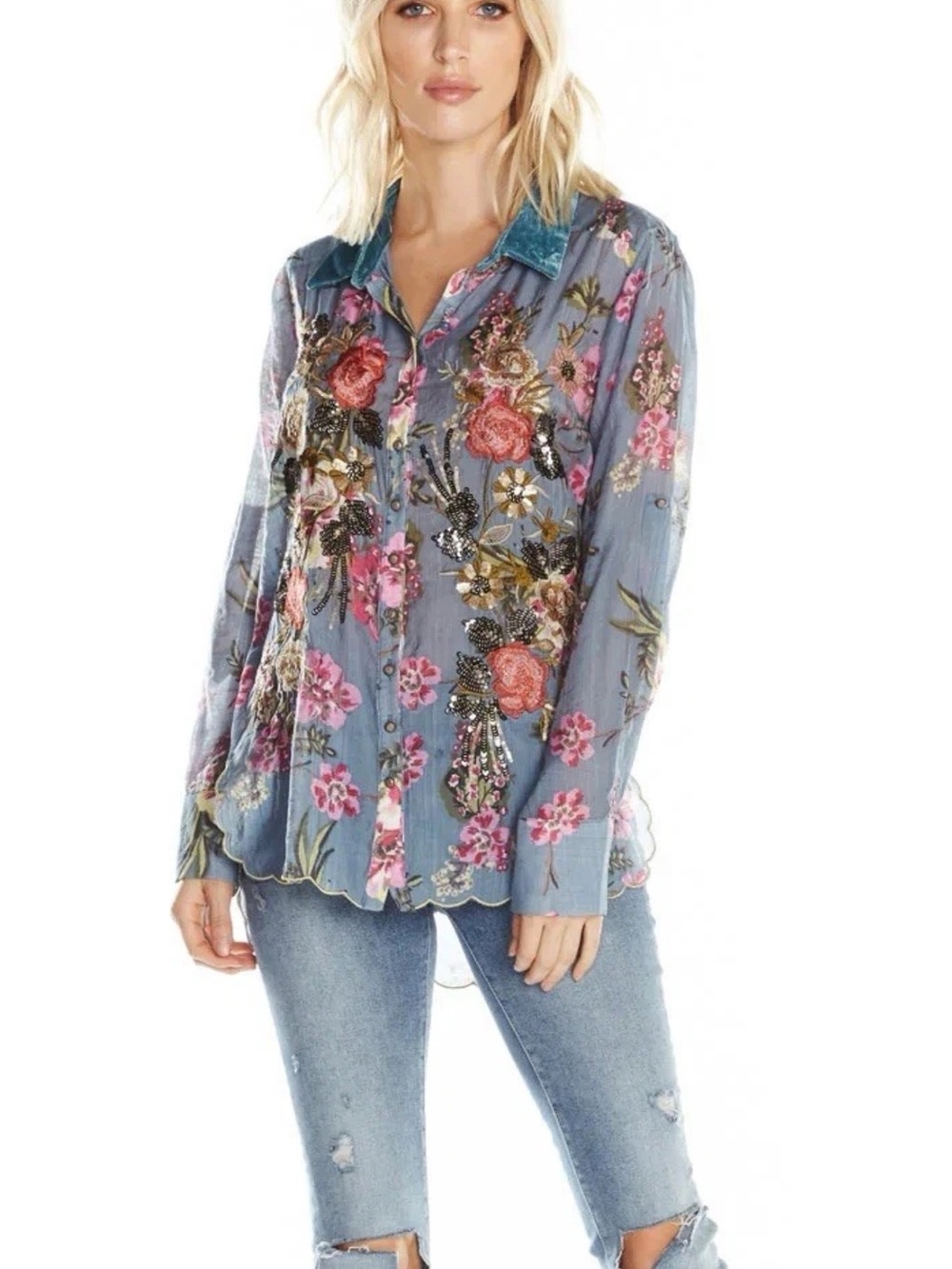 ARATTA Floral Embroidered Button-Down Shirt - Blue woman’s medium